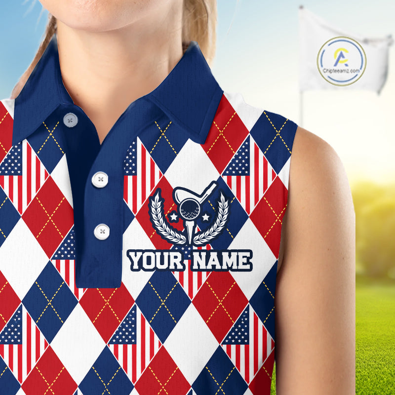 American Flag Argyle Golf Sleeveless Polo Shirt Custom Red White Blue Argyle Golf Team Shirts