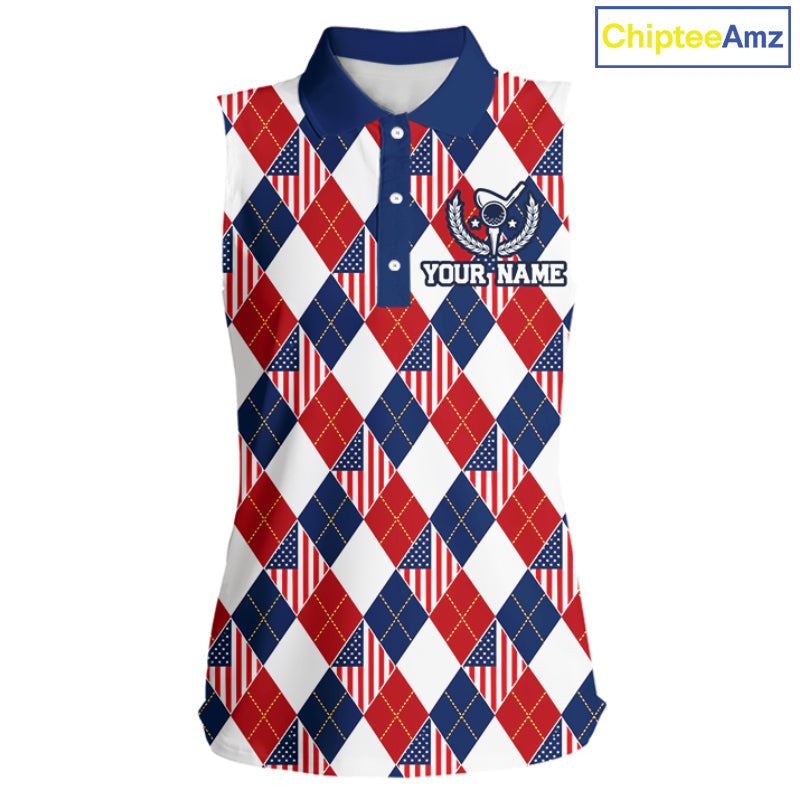 American Flag Argyle Golf Sleeveless Polo Shirt Custom Red White Blue Argyle Golf Team Shirts