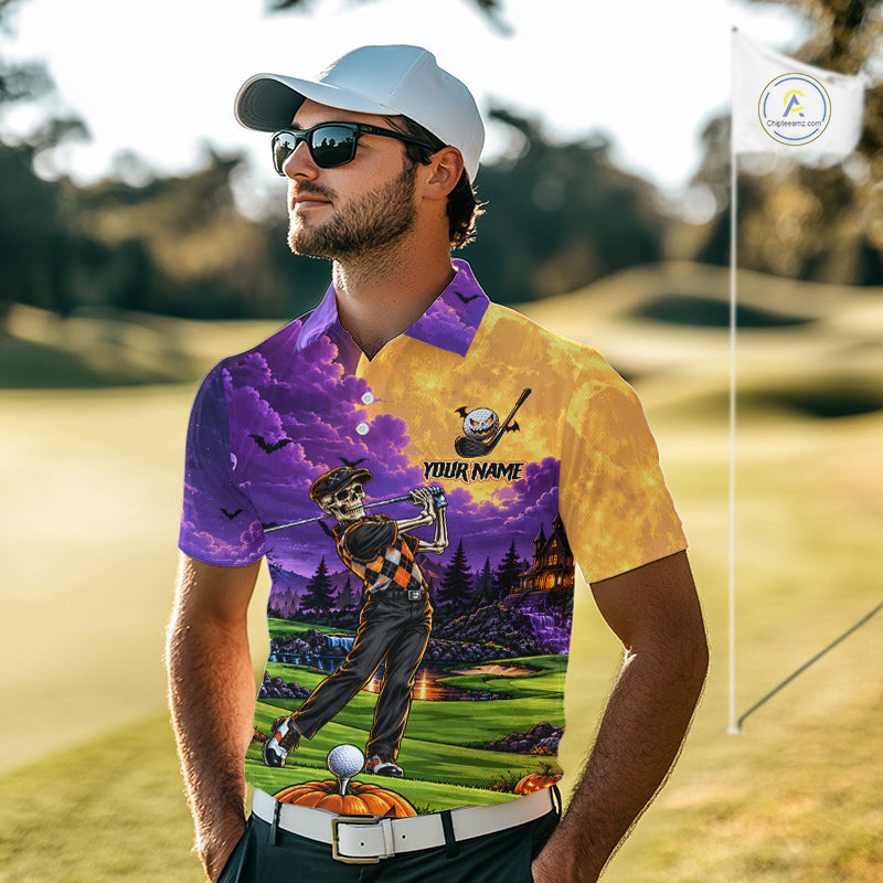 Halloween Golf Polo Shirt Personalized Argyle Skeleton Golfer Halloween Golf Team Jersey