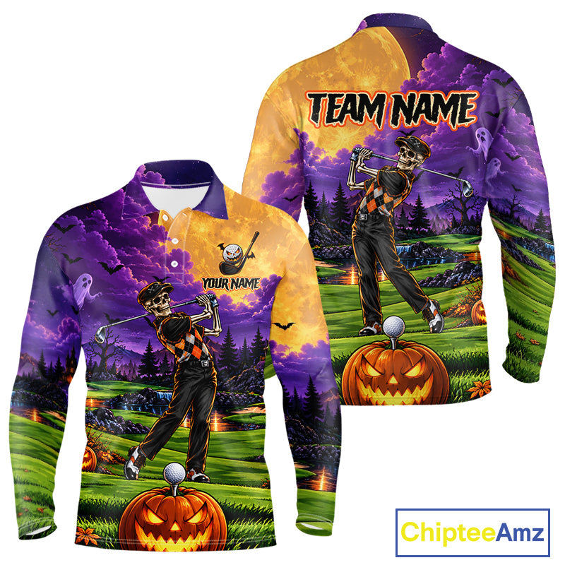 Halloween Golf Polo Shirt Personalized Argyle Skeleton Golfer Halloween Golf Team Jersey