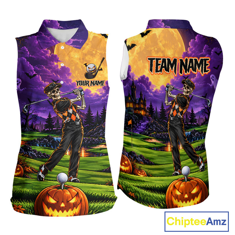Halloween Golf Sleeveless Polo Shirt Personalized Argyle Skeleton Golfer Halloween Golf Team Jersey