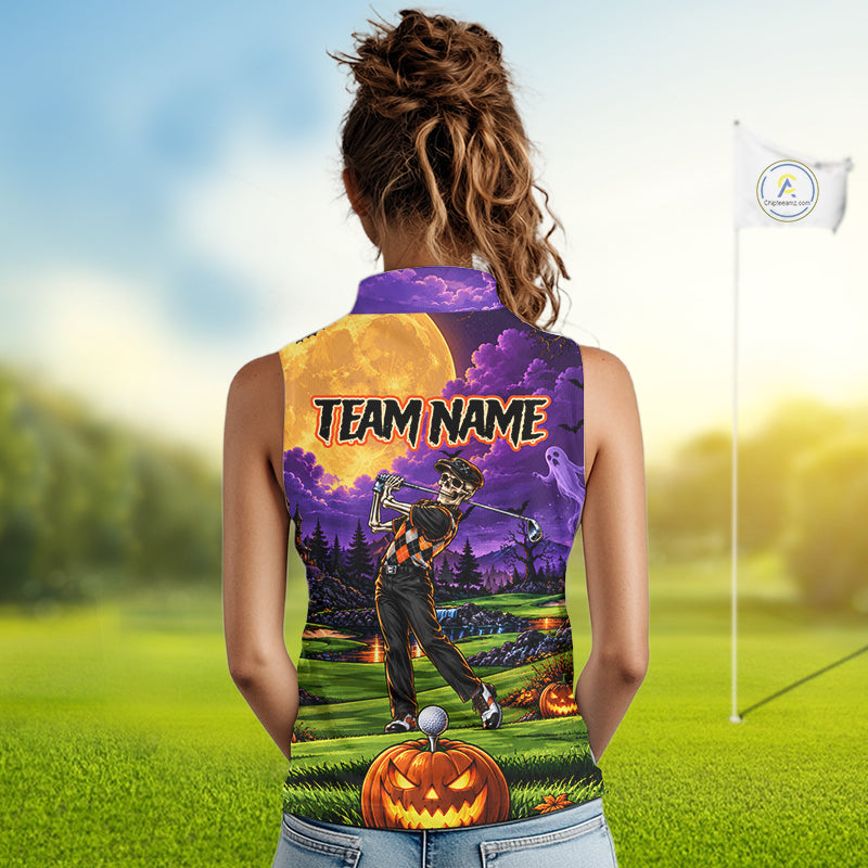 Halloween Golf Sleeveless Polo Shirt Personalized Argyle Skeleton Golfer Halloween Golf Team Jersey