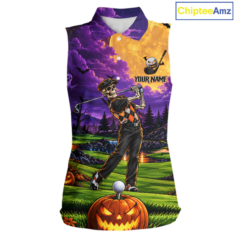 Halloween Golf Sleeveless Polo Shirt Personalized Argyle Skeleton Golfer Halloween Golf Team Jersey