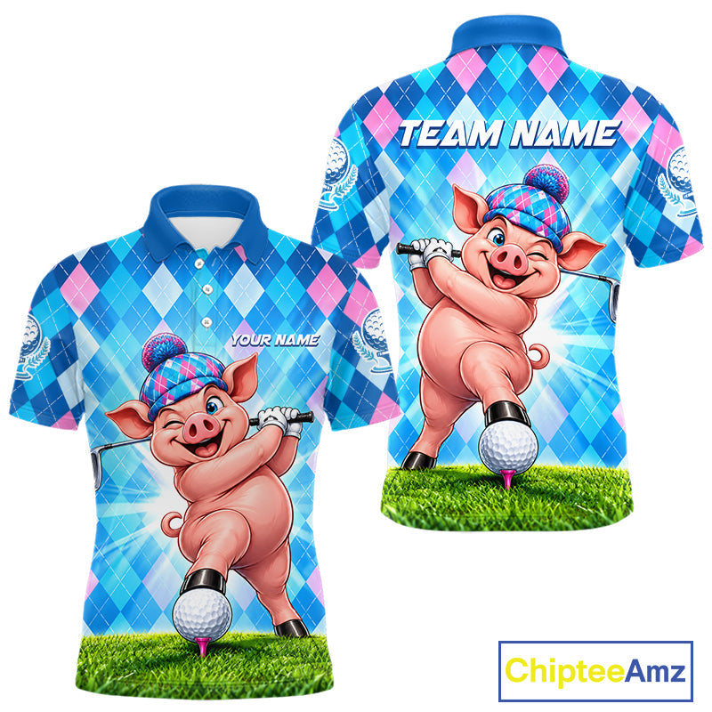 Cute Pig Funny Golf Polo Shirt Custom Blue Pink Argyle Plaid Golf Tounament Jersey
