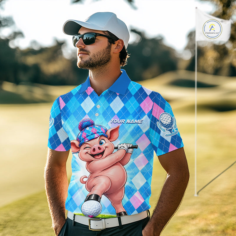 Cute Pig Funny Golf Polo Shirt Custom Blue Pink Argyle Plaid Golf Tounament Jersey