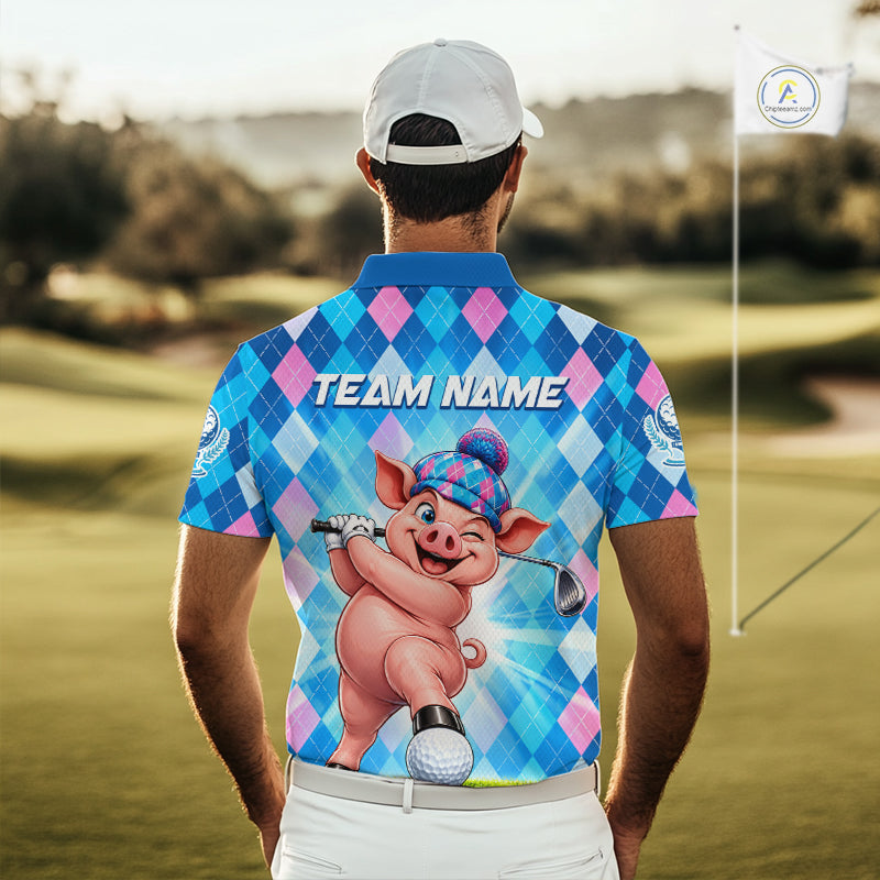 Cute Pig Funny Golf Polo Shirt Custom Blue Pink Argyle Plaid Golf Tounament Jersey