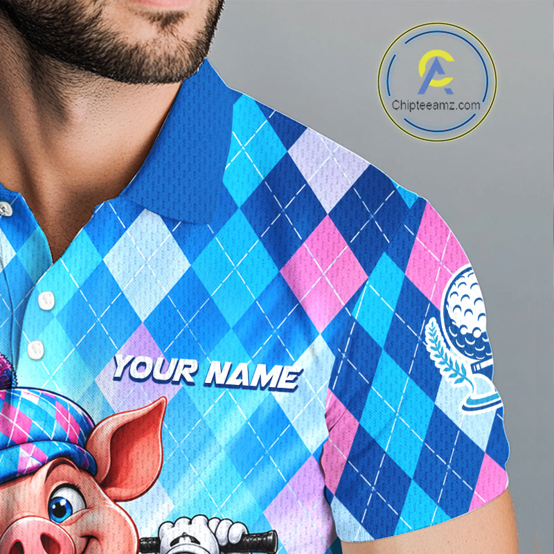 Cute Pig Funny Golf Polo Shirt Custom Blue Pink Argyle Plaid Golf Tounament Jersey