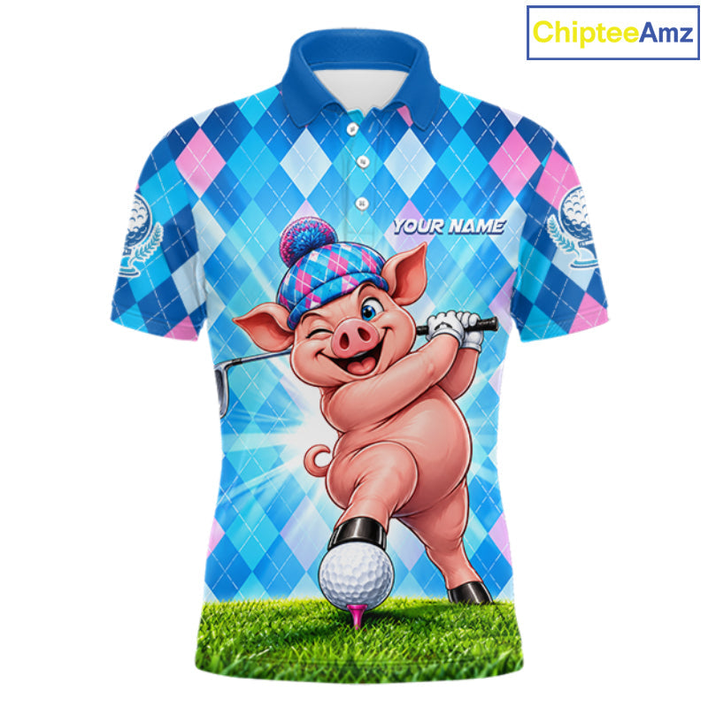 Cute Pig Funny Golf Polo Shirt Custom Blue Pink Argyle Plaid Golf Tounament Jersey