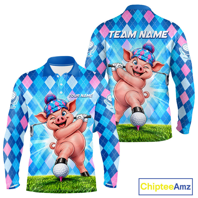 Cute Pig Funny Golf Polo Shirt Custom Blue Pink Argyle Plaid Golf Tounament Jersey