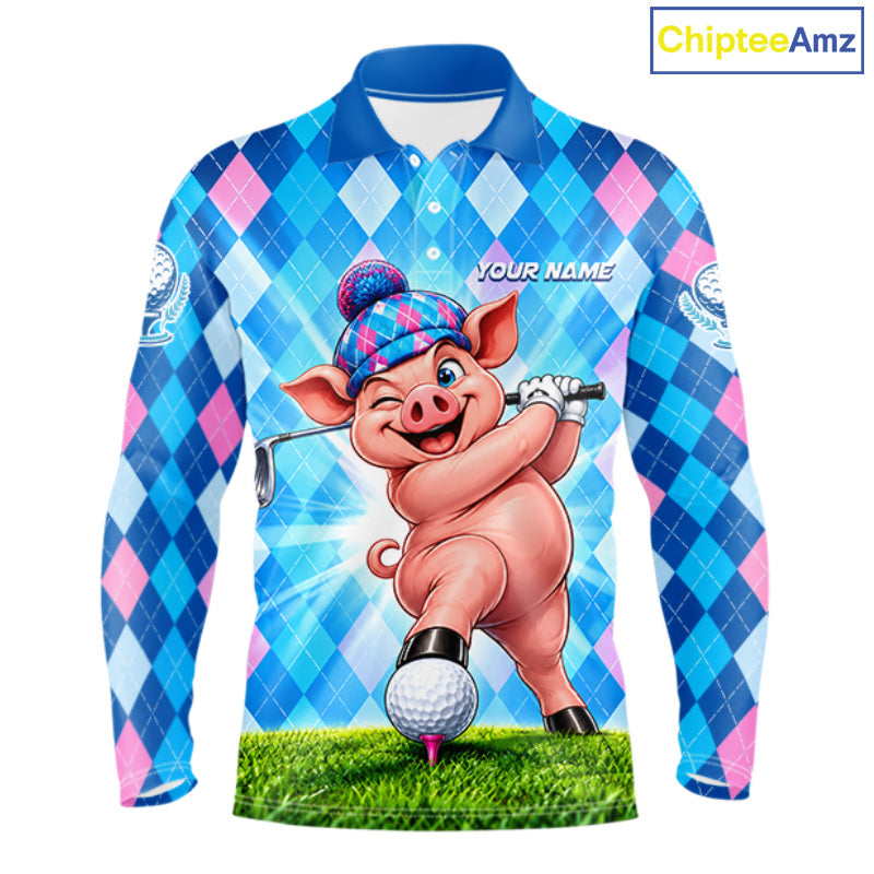 Cute Pig Funny Golf Polo Shirt Custom Blue Pink Argyle Plaid Golf Tounament Jersey