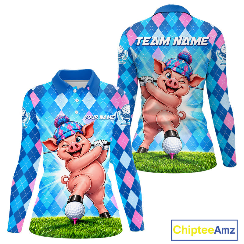 Cute Pig Funny Golf Polo Shirt Custom Blue Pink Argyle Plaid Golf Tounament Jersey