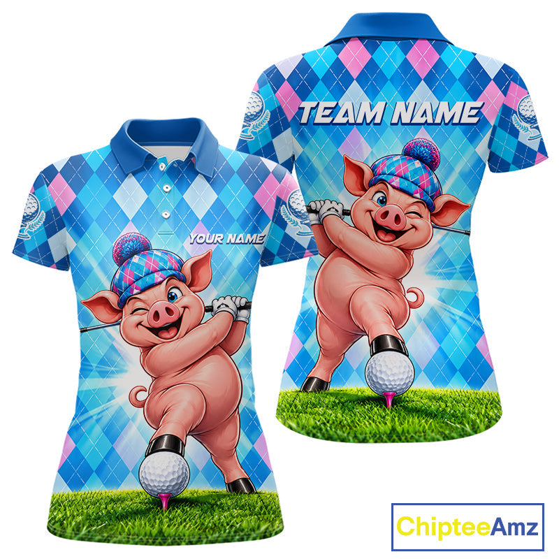 Cute Pig Funny Golf Polo Shirt Custom Blue Pink Argyle Plaid Golf Tounament Jersey
