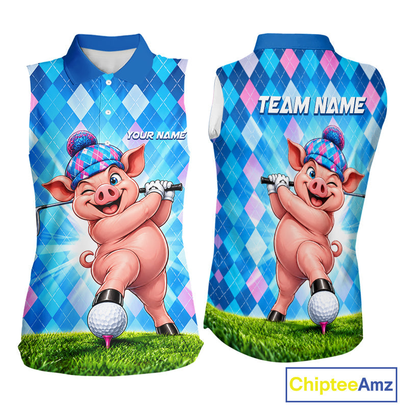 Cute Pig Funny Golf Sleeveless Polo Shirt Custom Blue Pink Argyle Plaid Golf Tounament Jersey