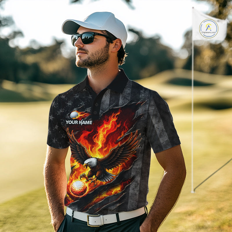Red Flaming Torn US Flag Golf Polo Shirt Custom Name Golf Top Shirt For Team, Golf Gift
