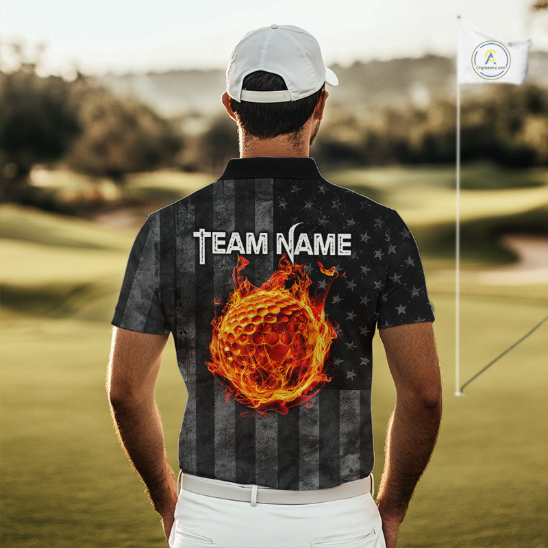 Red Flaming Torn US Flag Golf Polo Shirt Custom Name Golf Top Shirt For Team, Golf Gift