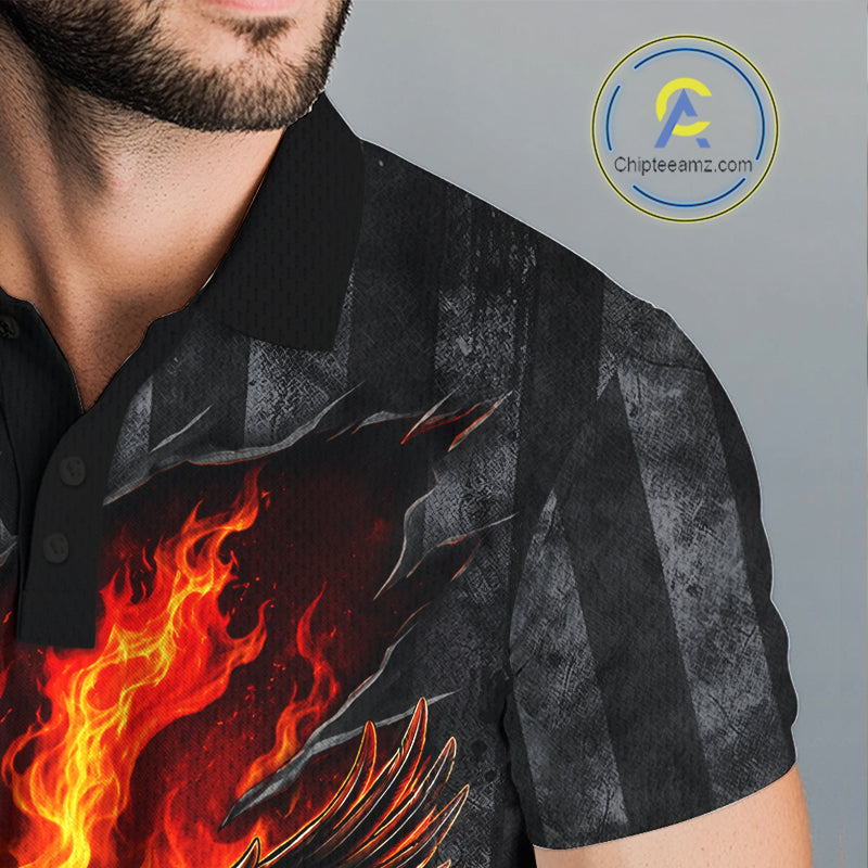 Red Flaming Torn US Flag Golf Polo Shirt Custom Name Golf Top Shirt For Team, Golf Gift
