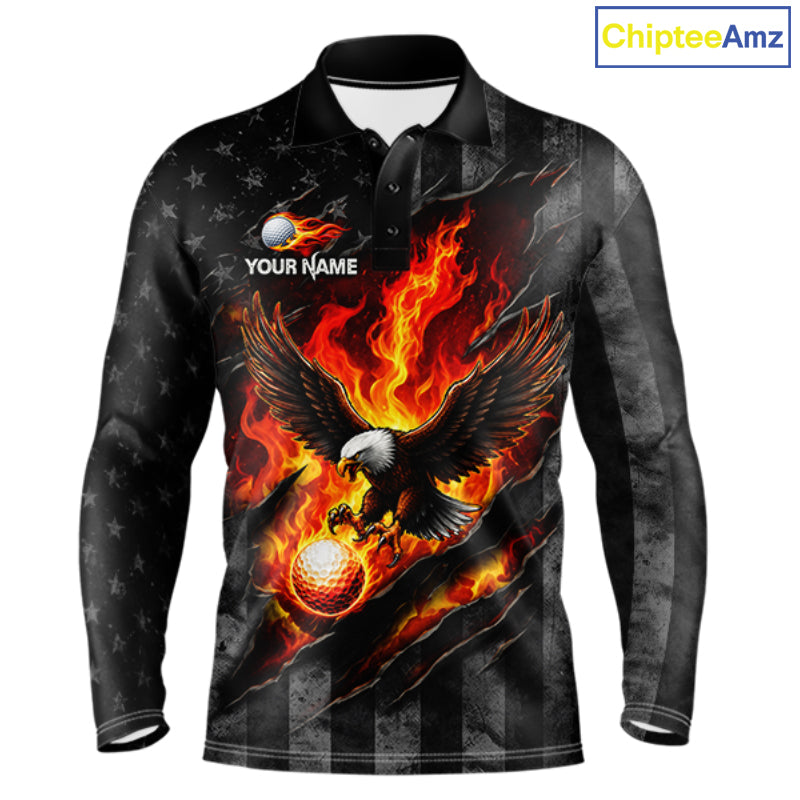 Red Flaming Torn US Flag Golf Polo Shirt Custom Name Golf Top Shirt For Team, Golf Gift