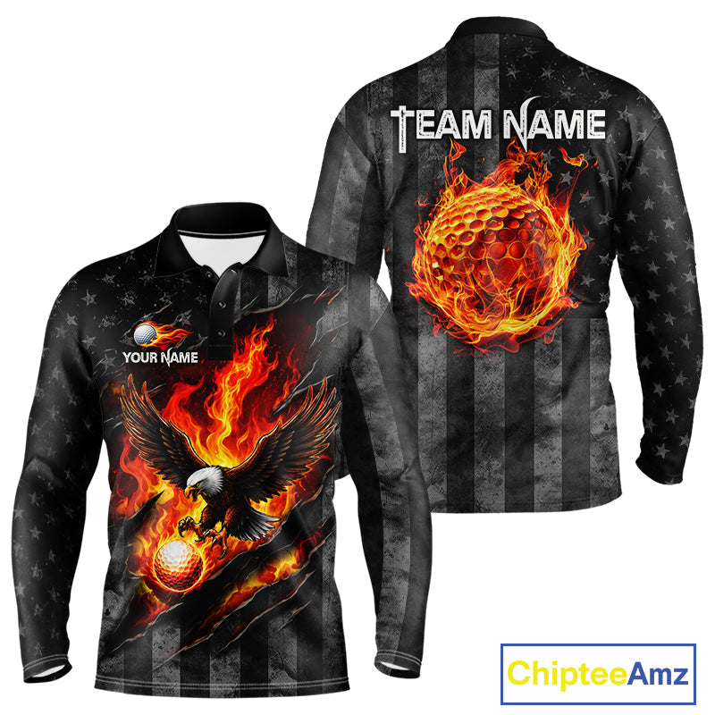 Red Flaming Torn US Flag Golf Polo Shirt Custom Name Golf Top Shirt For Team, Golf Gift