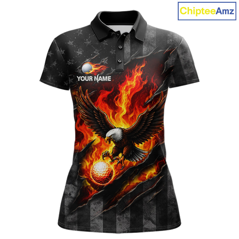 Red Flaming Torn US Flag Golf Polo Shirt Custom Name Golf Top Shirt For Team, Golf Gift