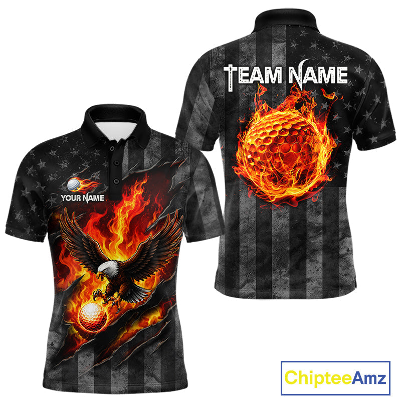 Red Flaming Torn US Flag Golf Polo Shirt Custom Name Golf Top Shirt For Team, Golf Gift