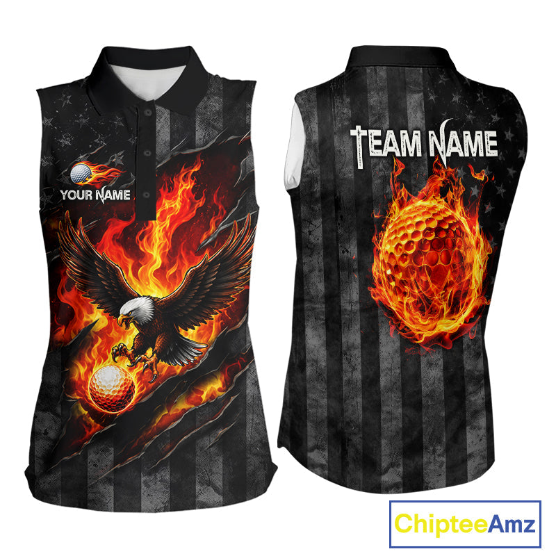 Red Flaming Torn US Flag Golf Sleeveless Polo Shirt Custom Name Golf Top Shirt For Team, Golf Gift