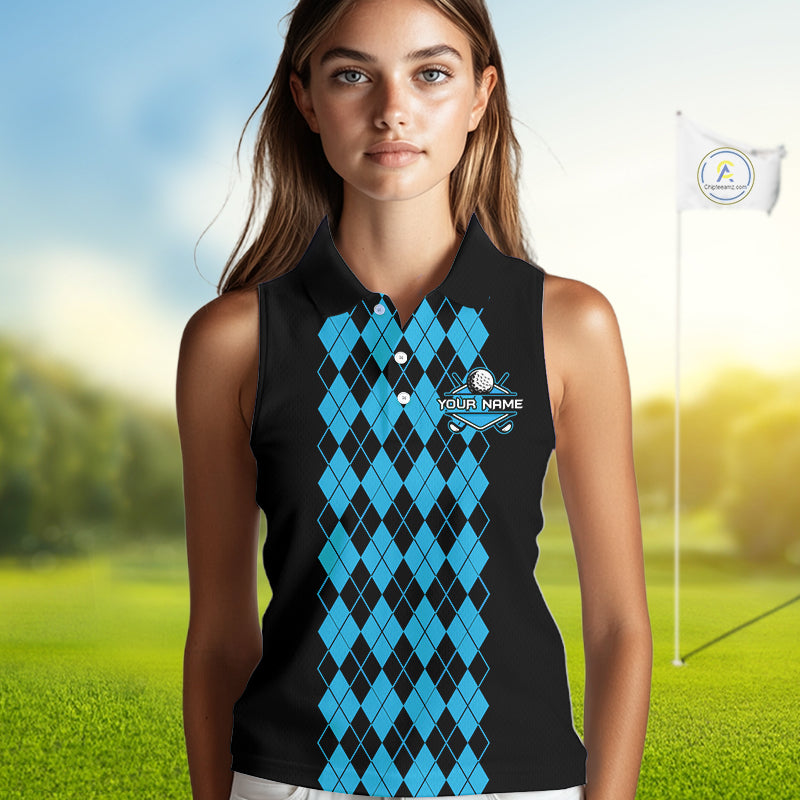 Argyle Golf Sleeveless Polo Shirt Personalized Blue Argyle Golf Shirt Short Sleeve Golf Apparel