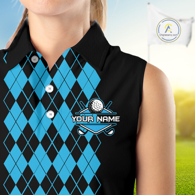 Argyle Golf Sleeveless Polo Shirt Personalized Blue Argyle Golf Shirt Short Sleeve Golf Apparel
