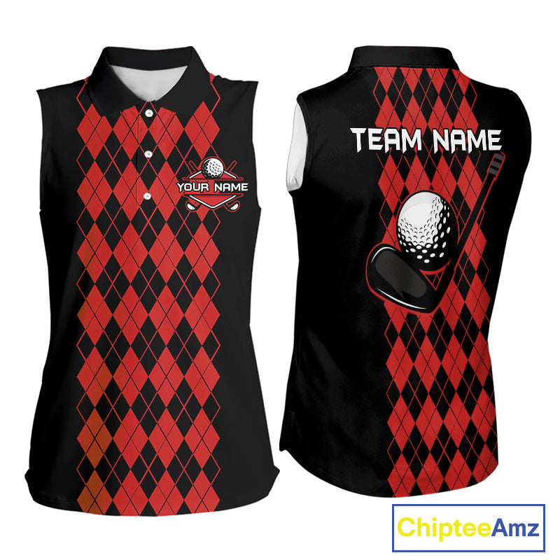 Argyle Golf Sleeveless Polo Shirt Personalized Red Argyle Golf Shirt Short Sleeve Golf Apparel