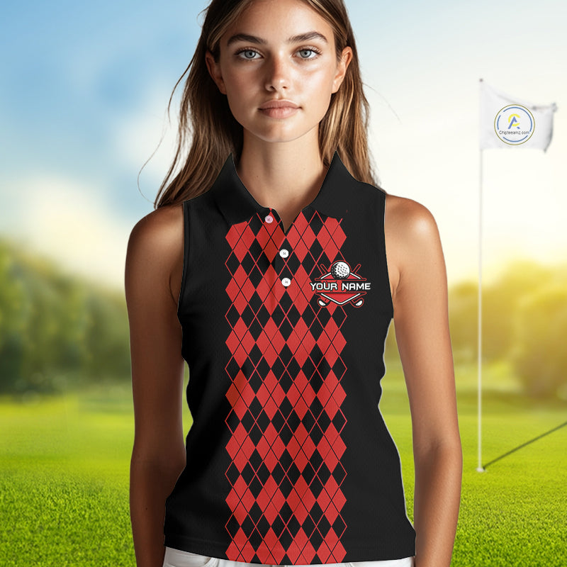 Argyle Golf Sleeveless Polo Shirt Personalized Red Argyle Golf Shirt Short Sleeve Golf Apparel