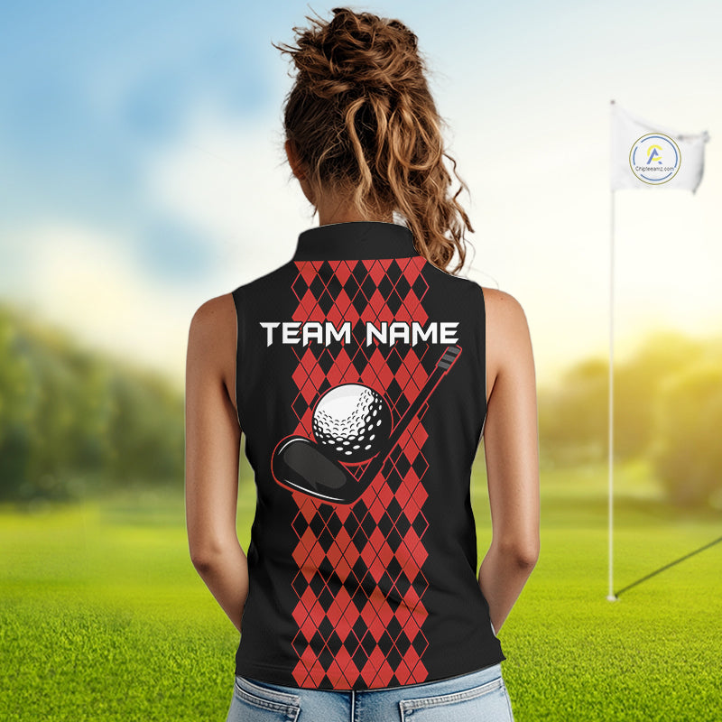 Argyle Golf Sleeveless Polo Shirt Personalized Red Argyle Golf Shirt Short Sleeve Golf Apparel