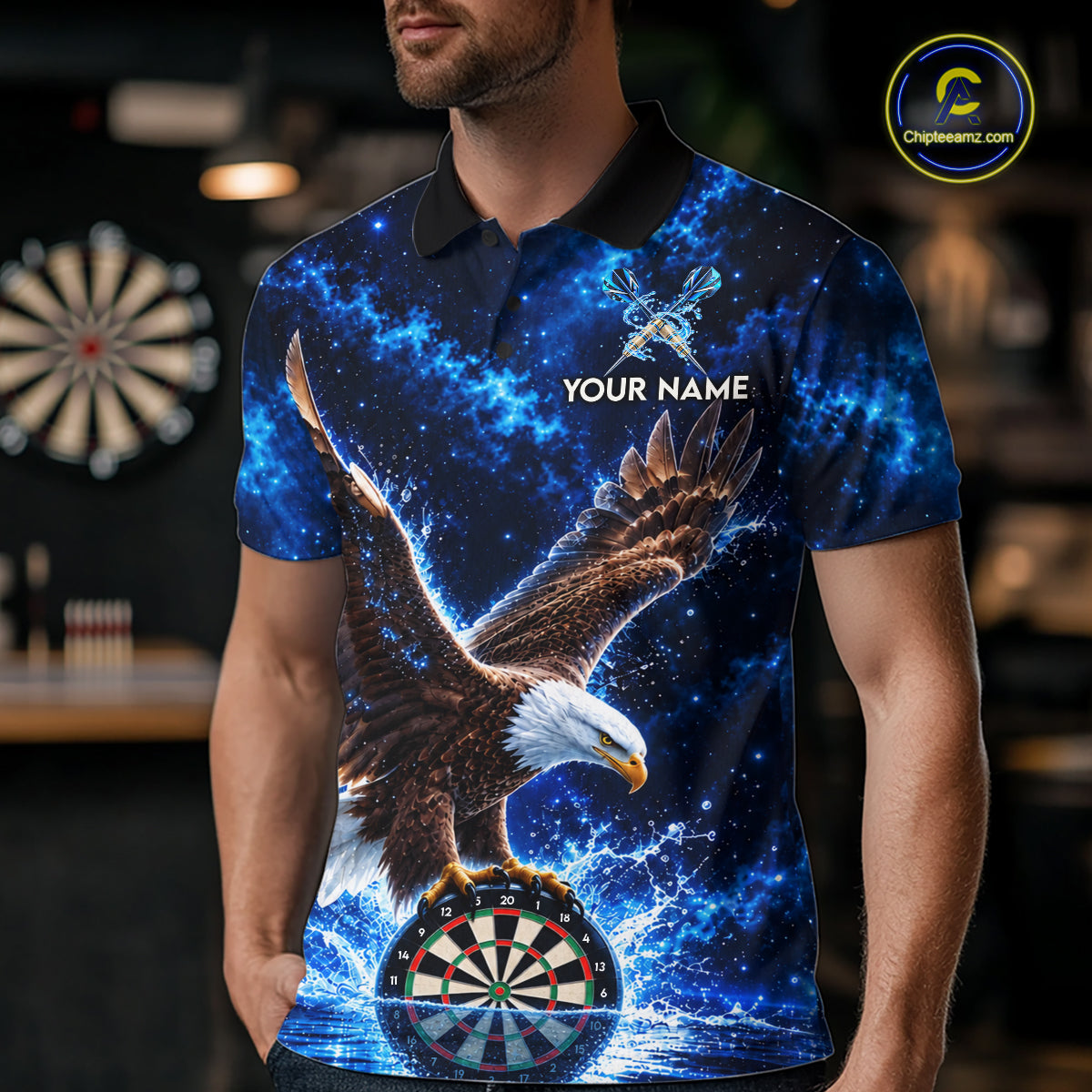 Custom Eagle Darts Polo 1/4-Zip Shirt Personalized Blue Watering Darts Team Jersey