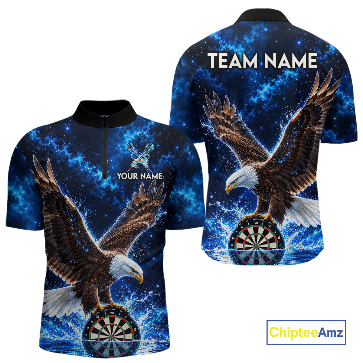 Custom Eagle Darts Polo 1/4-Zip Shirt Personalized Blue Watering Darts Team Jersey