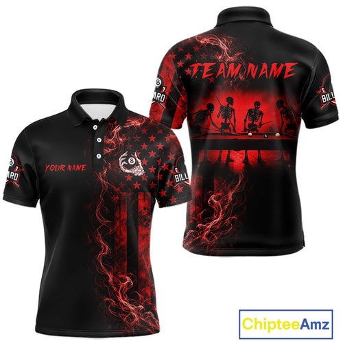 Red Smokes American Flag 8 Ball Billiard Pool Shirt Custom Billiard Skeleton Team Appeal