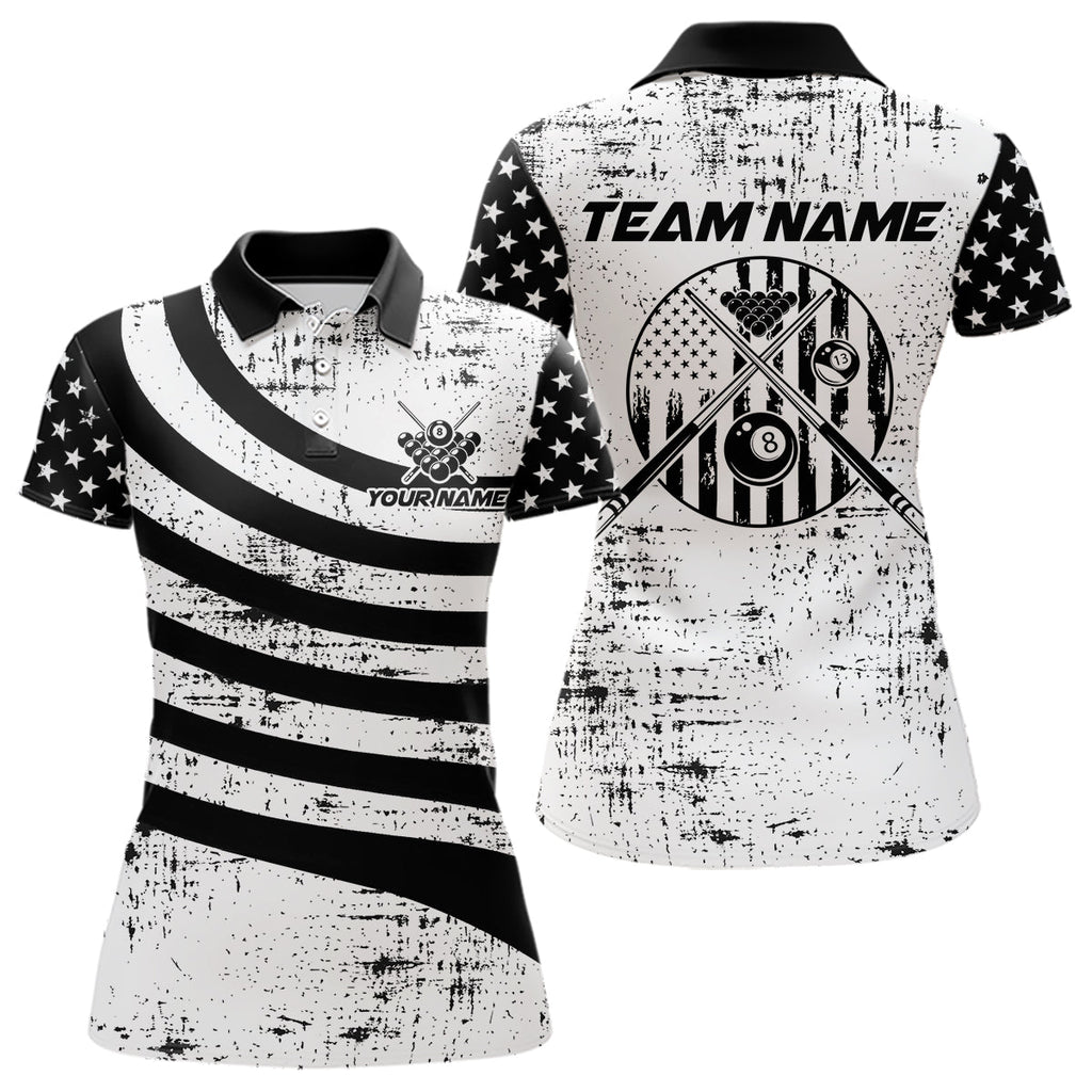 Black & White US Flag Billiards Polo 1/4-Zip Shirt Custom Name 8-Ball Pool Team Jersey