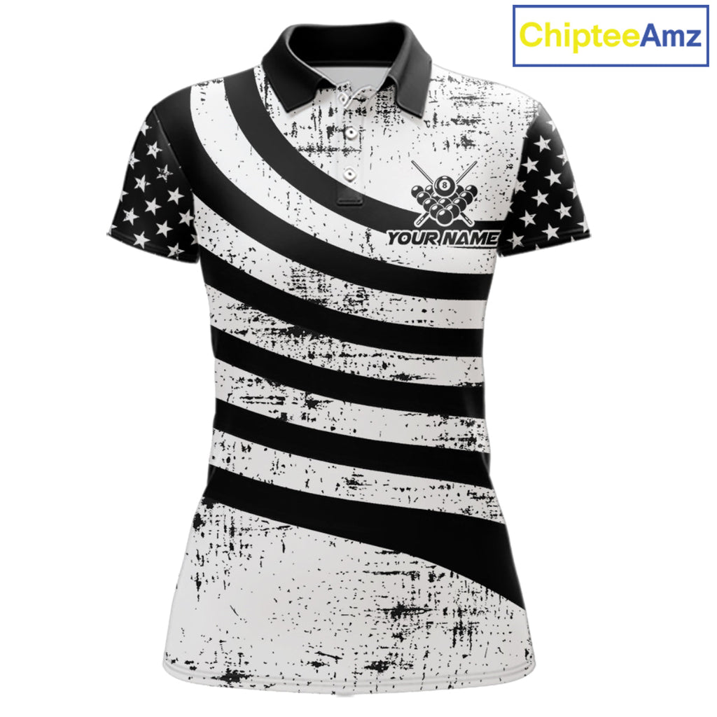 Black & White US Flag Billiards Polo 1/4-Zip Shirt Custom Name 8-Ball Pool Team Jersey