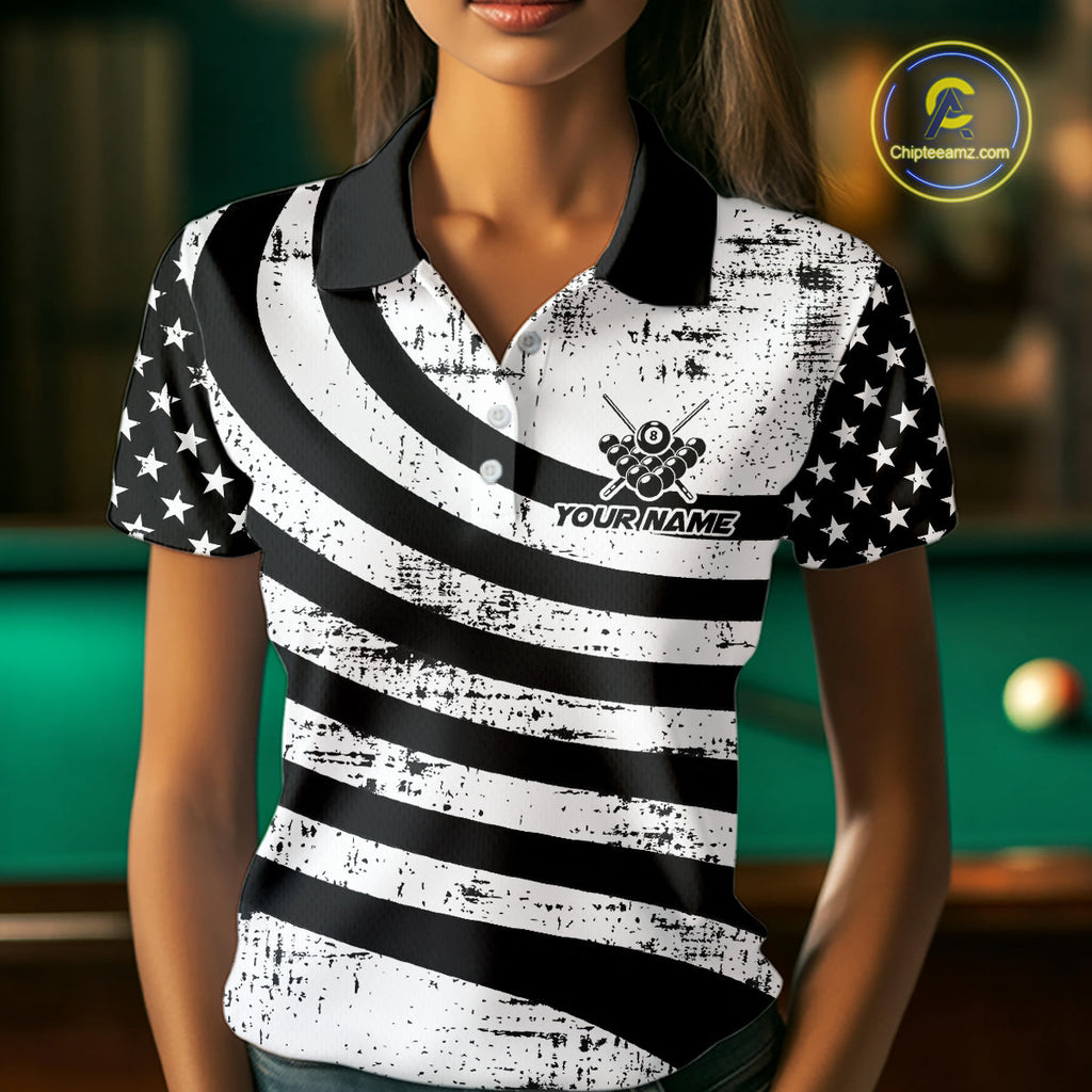 Black & White US Flag Billiards Polo 1/4-Zip Shirt Custom Name 8-Ball Pool Team Jersey