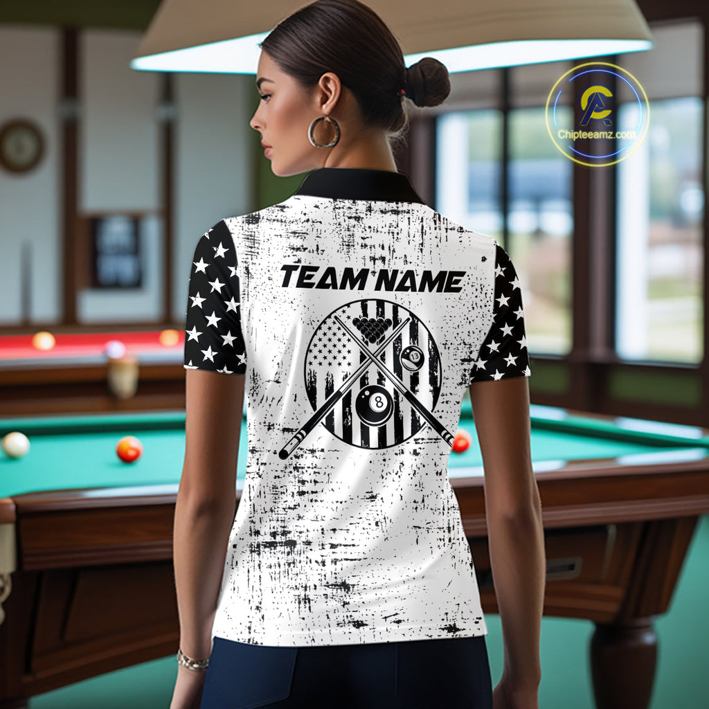Black & White US Flag Billiards Polo 1/4-Zip Shirt Custom Name 8-Ball Pool Team Jersey