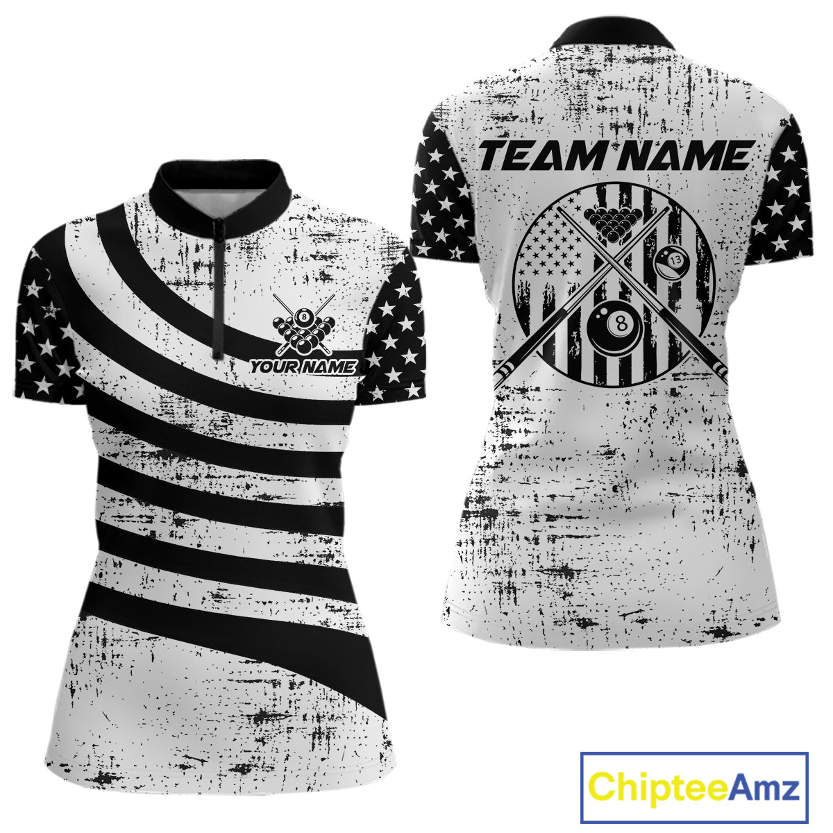 Black & White US Flag Billiards Polo 1/4-Zip Shirt Custom Name 8-Ball Pool Team Jersey