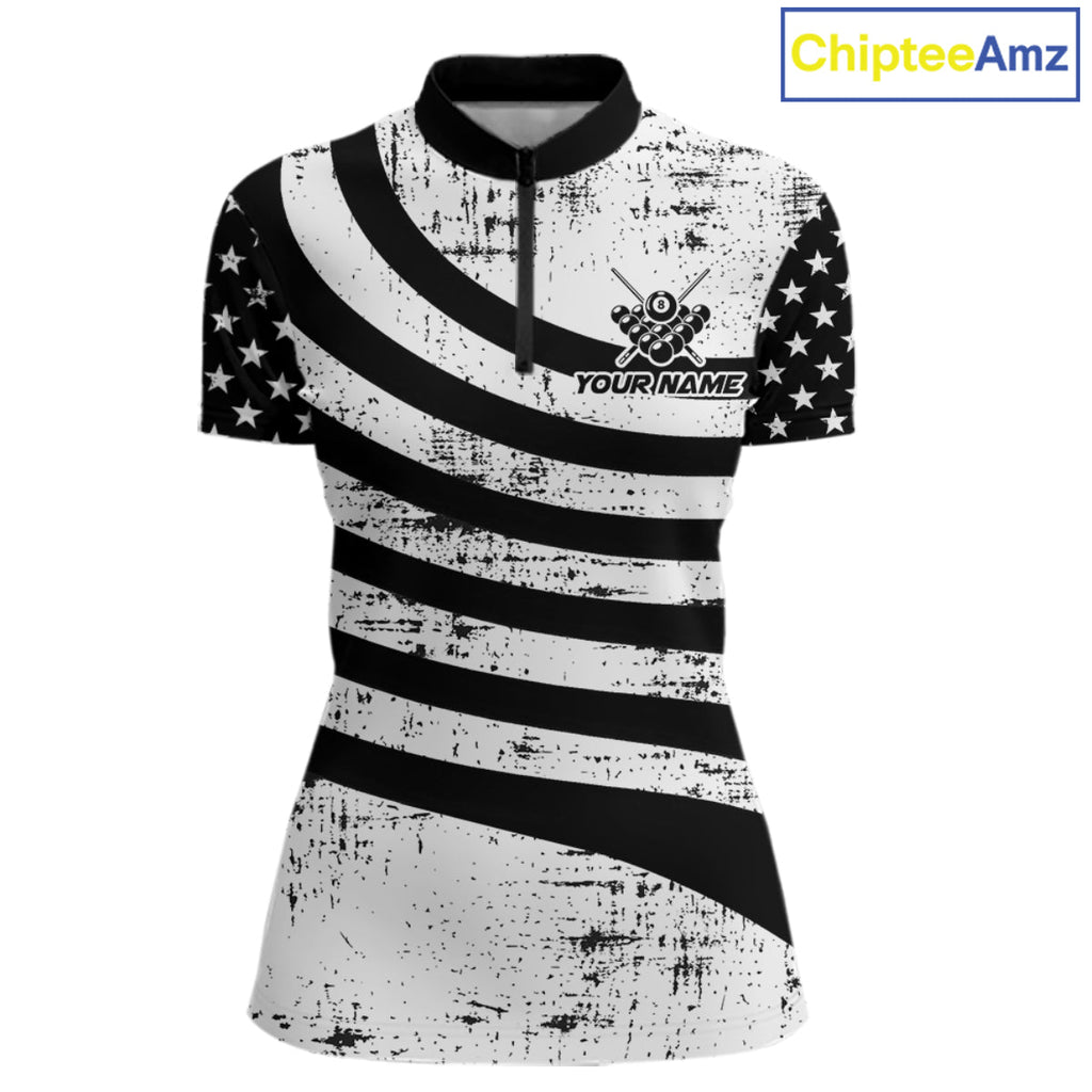Black & White US Flag Billiards Polo 1/4-Zip Shirt Custom Name 8-Ball Pool Team Jersey