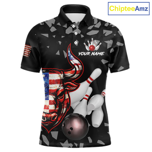Funny US Flag Bull Grunge Bowling Polo & 1/4 Zip Shirts Custom Team Bowling Jerseys