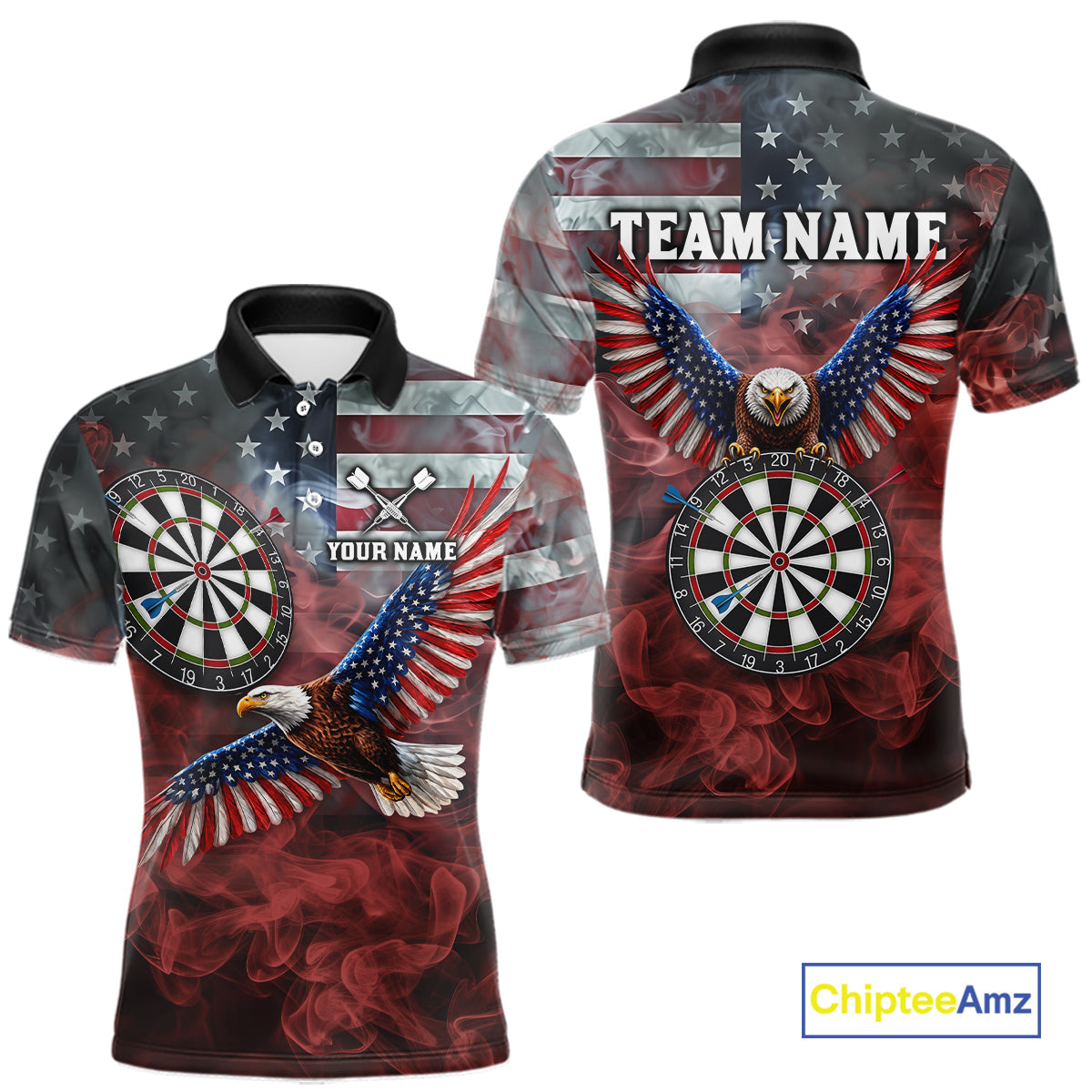 Red Grey Smoke American Flag Eagle Darts Team Shirt Custom Patriotic Dart Polo 1/4-Zip Jersey
