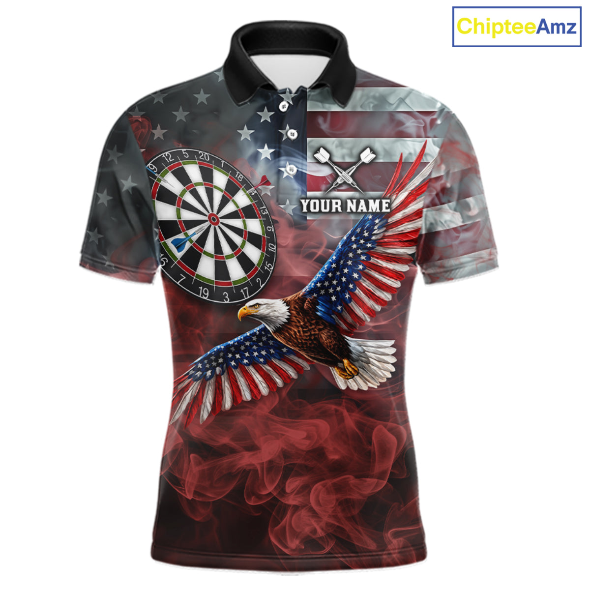 Red Grey Smoke American Flag Eagle Darts Team Shirt Custom Patriotic Dart Polo 1/4-Zip Jersey