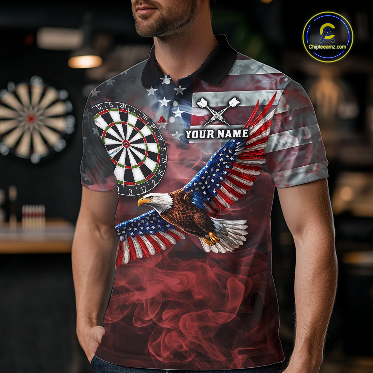 Red Grey Smoke American Flag Eagle Darts Team Shirt Custom Patriotic Dart Polo 1/4-Zip Jersey