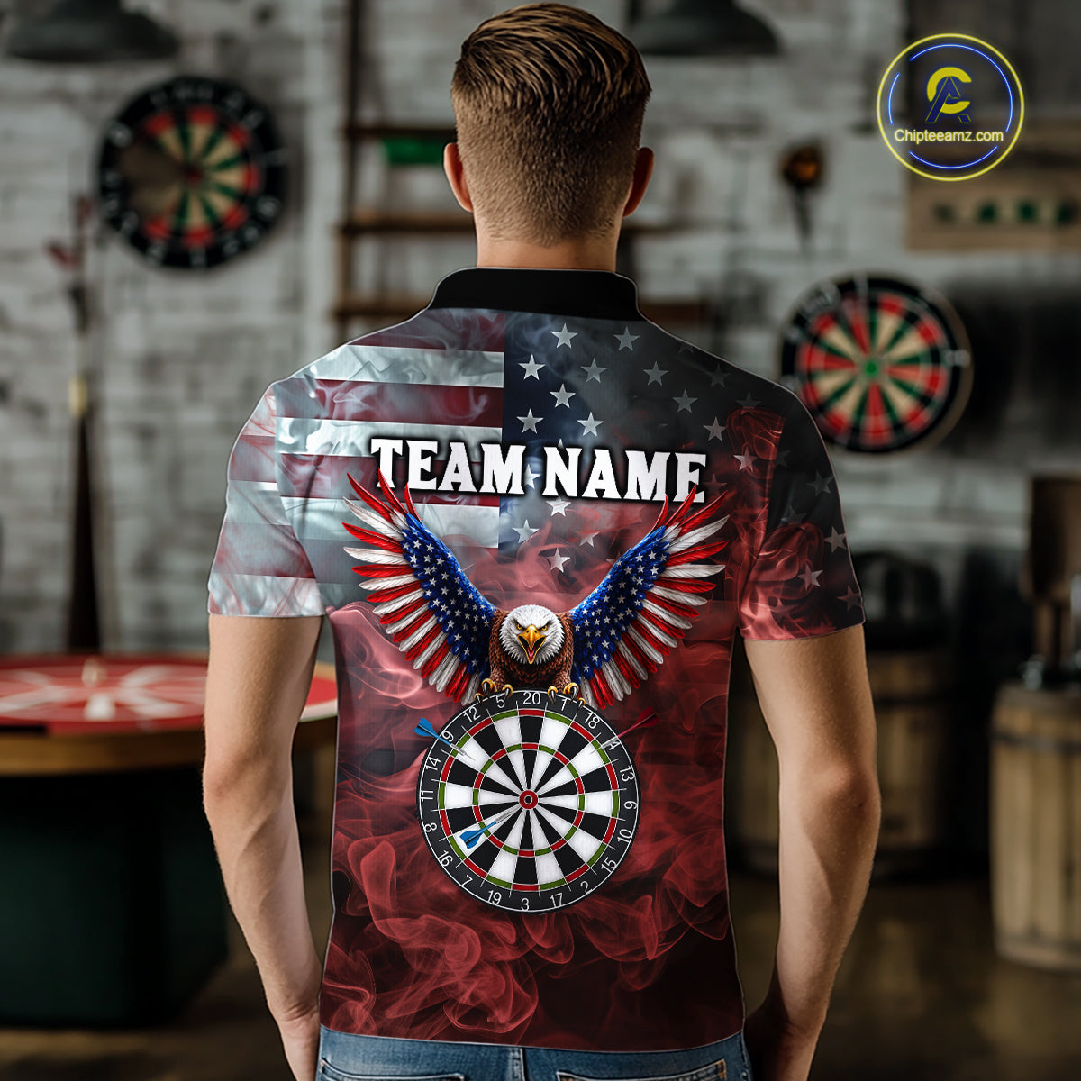 Red Grey Smoke American Flag Eagle Darts Team Shirt Custom Patriotic Dart Polo 1/4-Zip Jersey