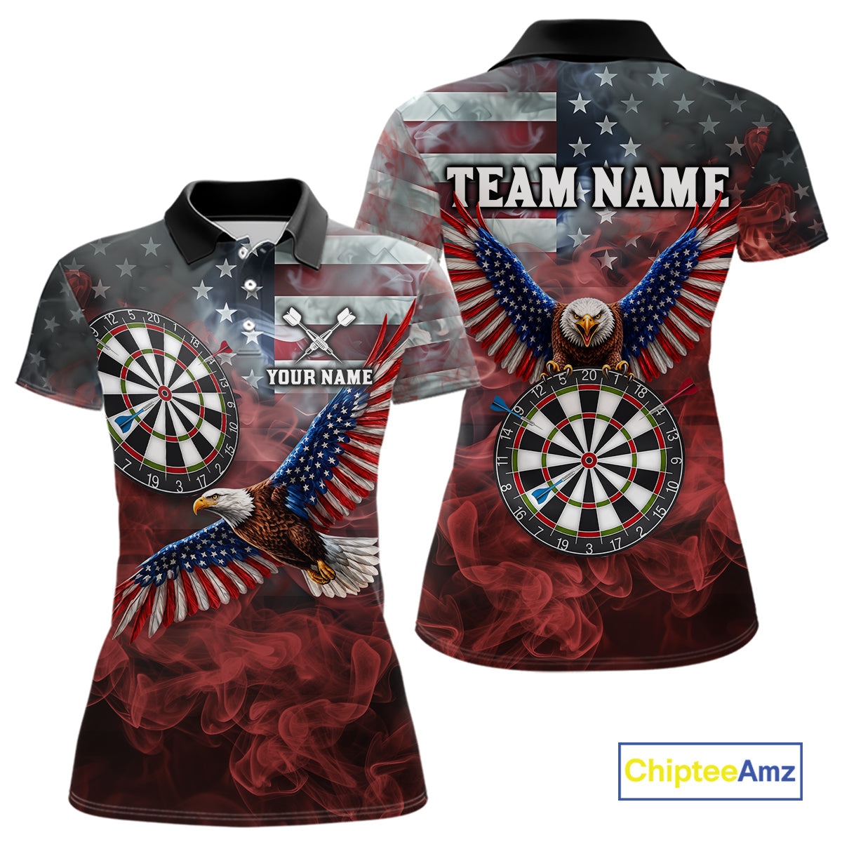 Red Grey Smoke American Flag Eagle Darts Team Shirt Custom Patriotic Dart Polo 1/4-Zip Jersey