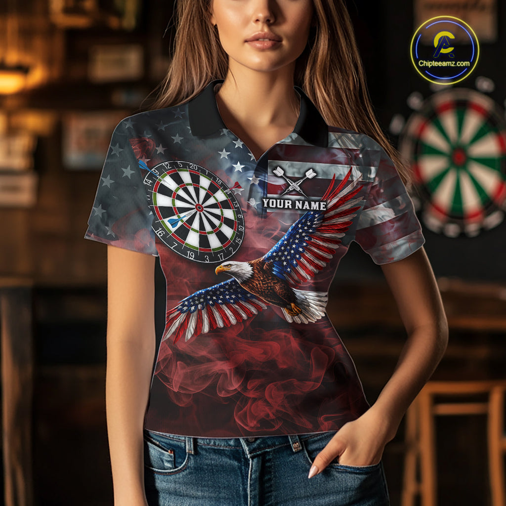 Red Grey Smoke American Flag Eagle Darts Team Shirt Custom Patriotic Dart Polo 1/4-Zip Jersey