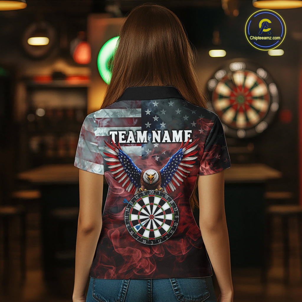 Red Grey Smoke American Flag Eagle Darts Team Shirt Custom Patriotic Dart Polo 1/4-Zip Jersey