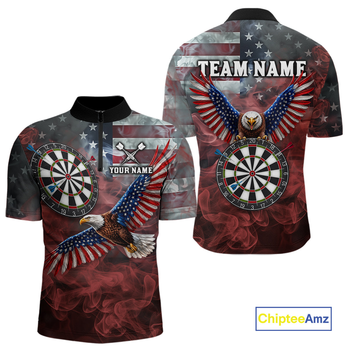 Red Grey Smoke American Flag Eagle Darts Team Shirt Custom Patriotic Dart Polo 1/4-Zip Jersey