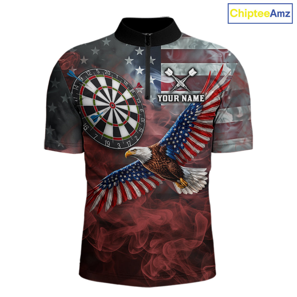 Red Grey Smoke American Flag Eagle Darts Team Shirt Custom Patriotic Dart Polo 1/4-Zip Jersey