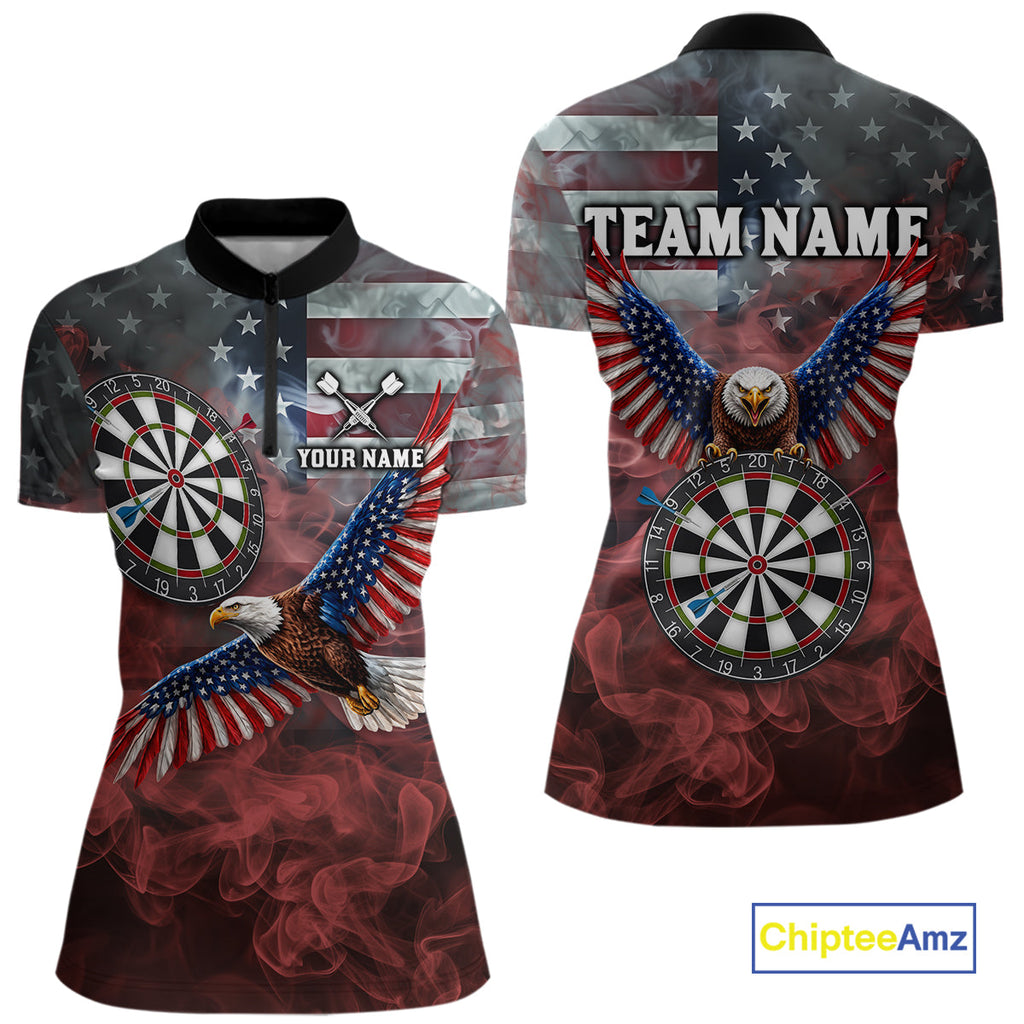 Red Grey Smoke American Flag Eagle Darts Team Shirt Custom Patriotic Dart Polo 1/4-Zip Jersey